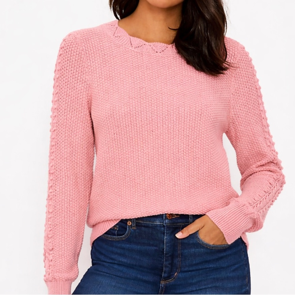 LOFT Scalloped Bobble Sleeve Pullover Sweater in Bubblegum Pink